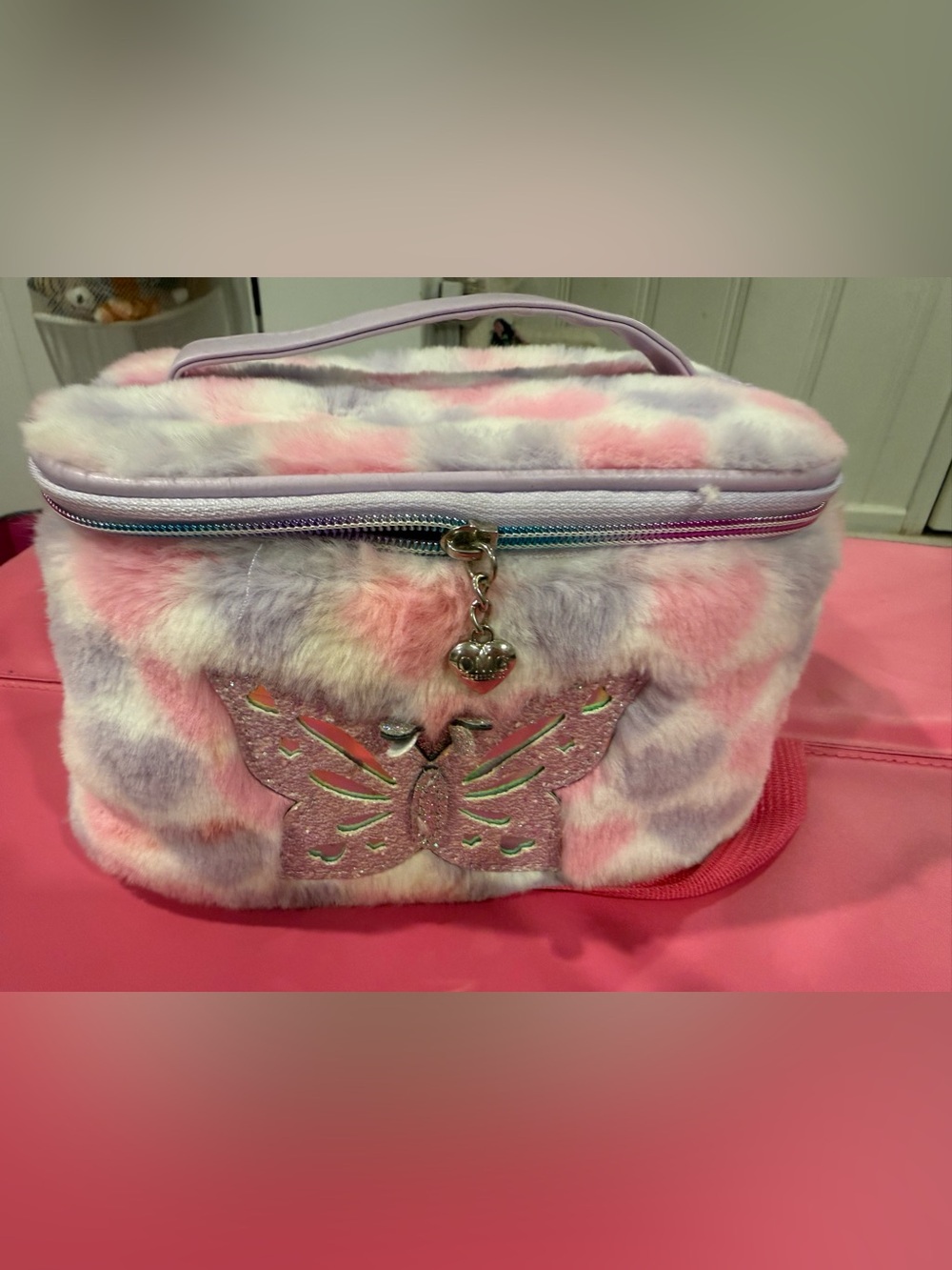Faux Fur Pink & Lavender Butterfly Kids Lunch or cosmetic Bag with Heart Charm
